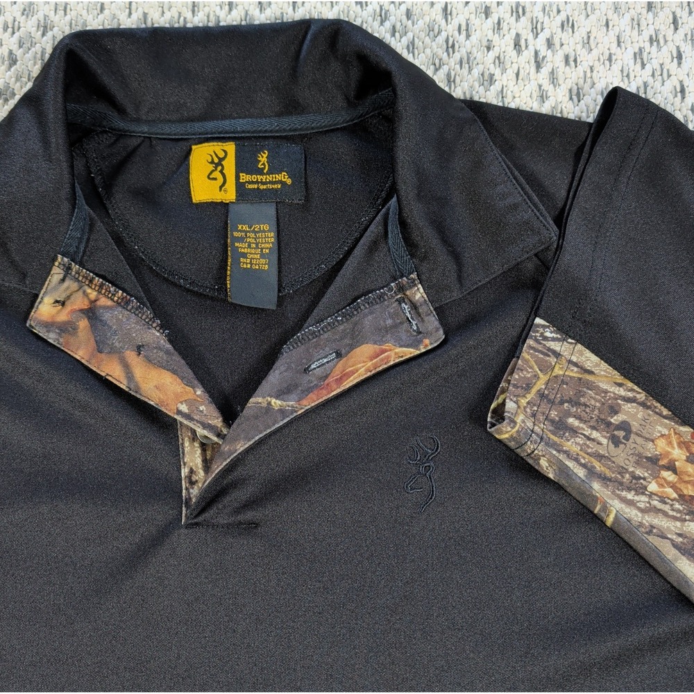 Vtg BROWNING Mossy Oak Break-Up Polo Shirt Mens 2XLT Black w/ Camo Short Sleeve